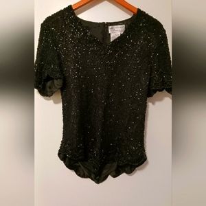 Papell Boutique Black Beaded Evening Blouse. Size Large.